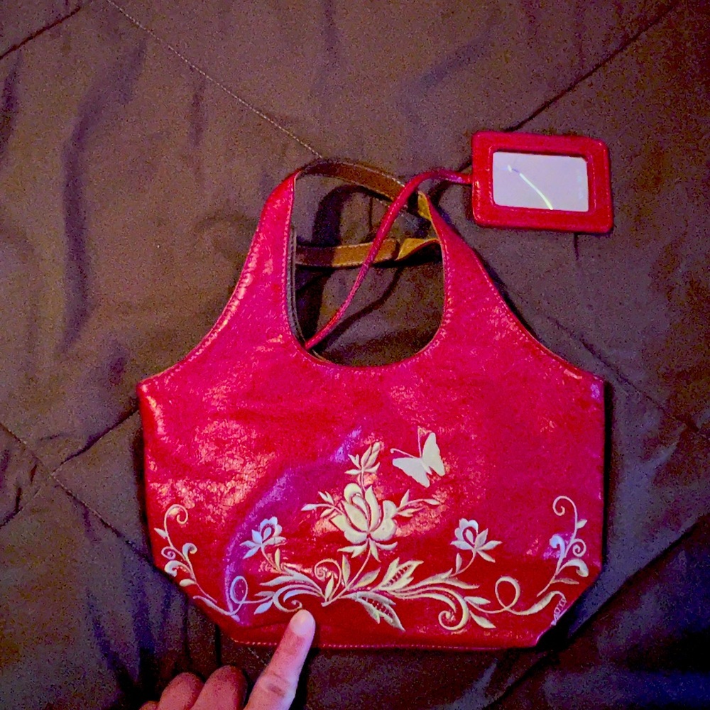Nine West Red leather w/cream embroidery small handbag